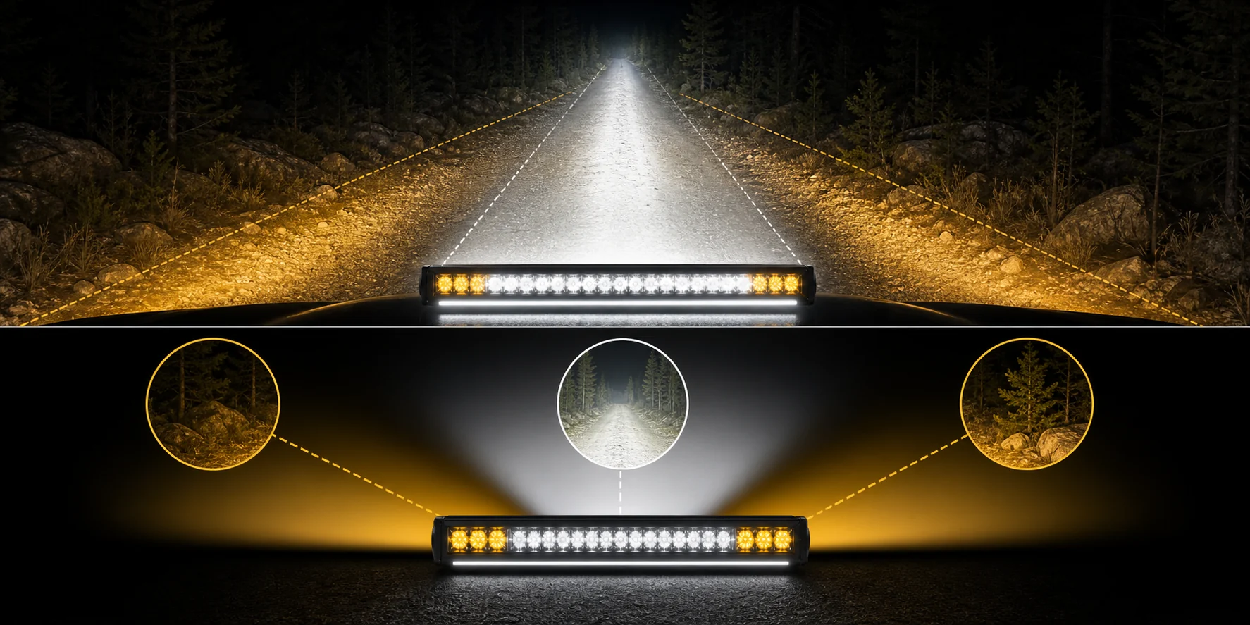 Visual diagram of 3-in-1 LED light bar functions including forward beam side fill and DRL accent lighting