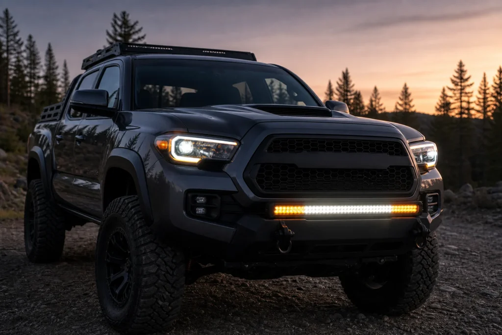 Off-road pickup truck at twilight with a 3-in-1 LED light bar showing white and amber lighting functions