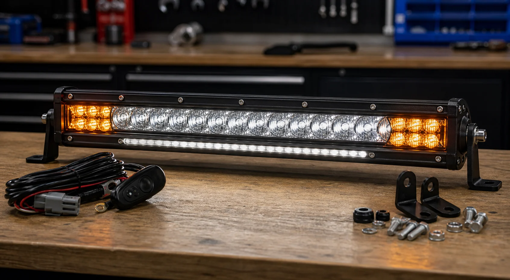 Close-up of a 3-in-1 LED light bar with center LEDs amber side sections and DRL accent strip