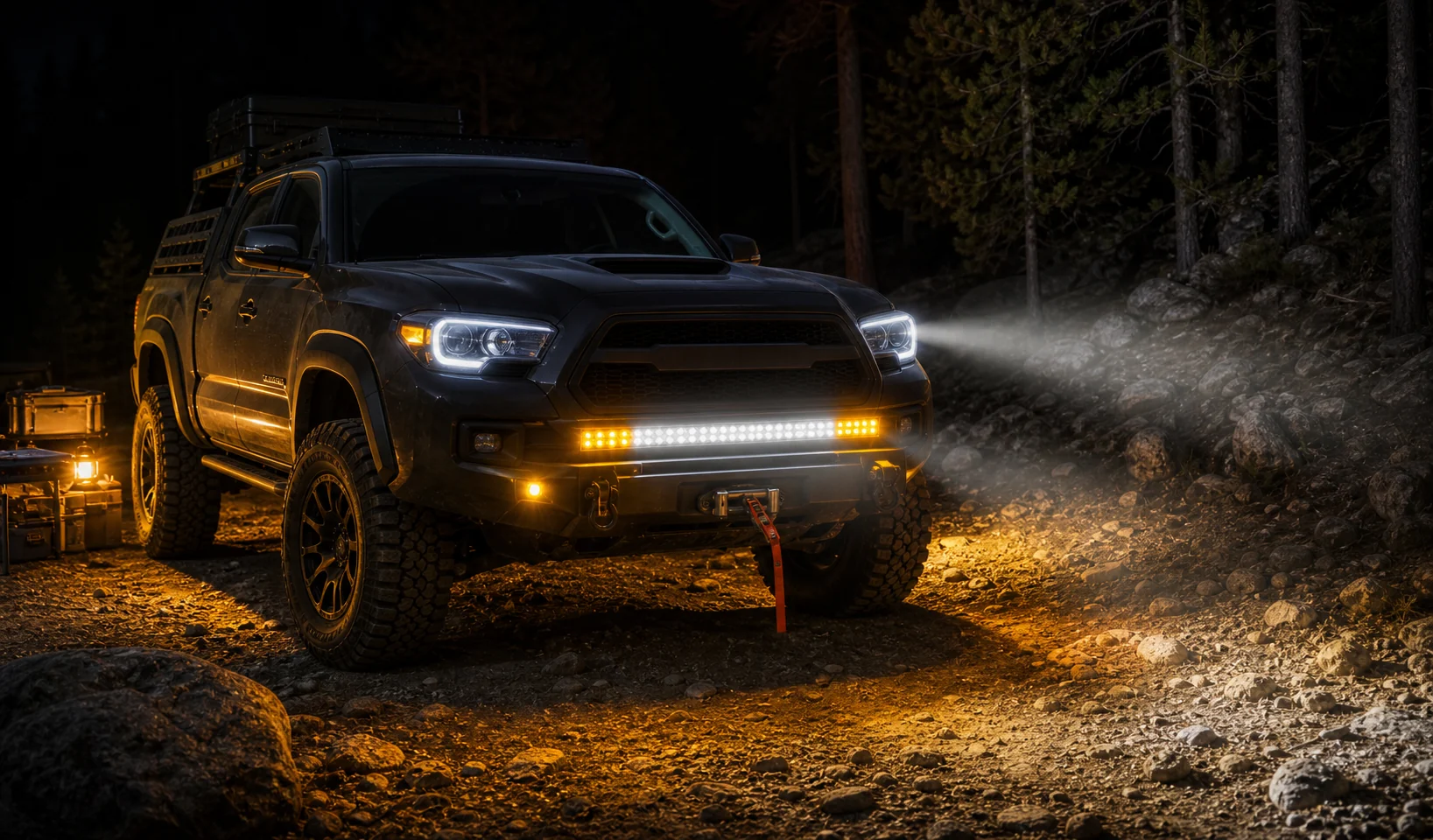 Off-road truck using a 3-in-1 LED light bar for forward trail lighting amber visibility and campsite lighting at night
