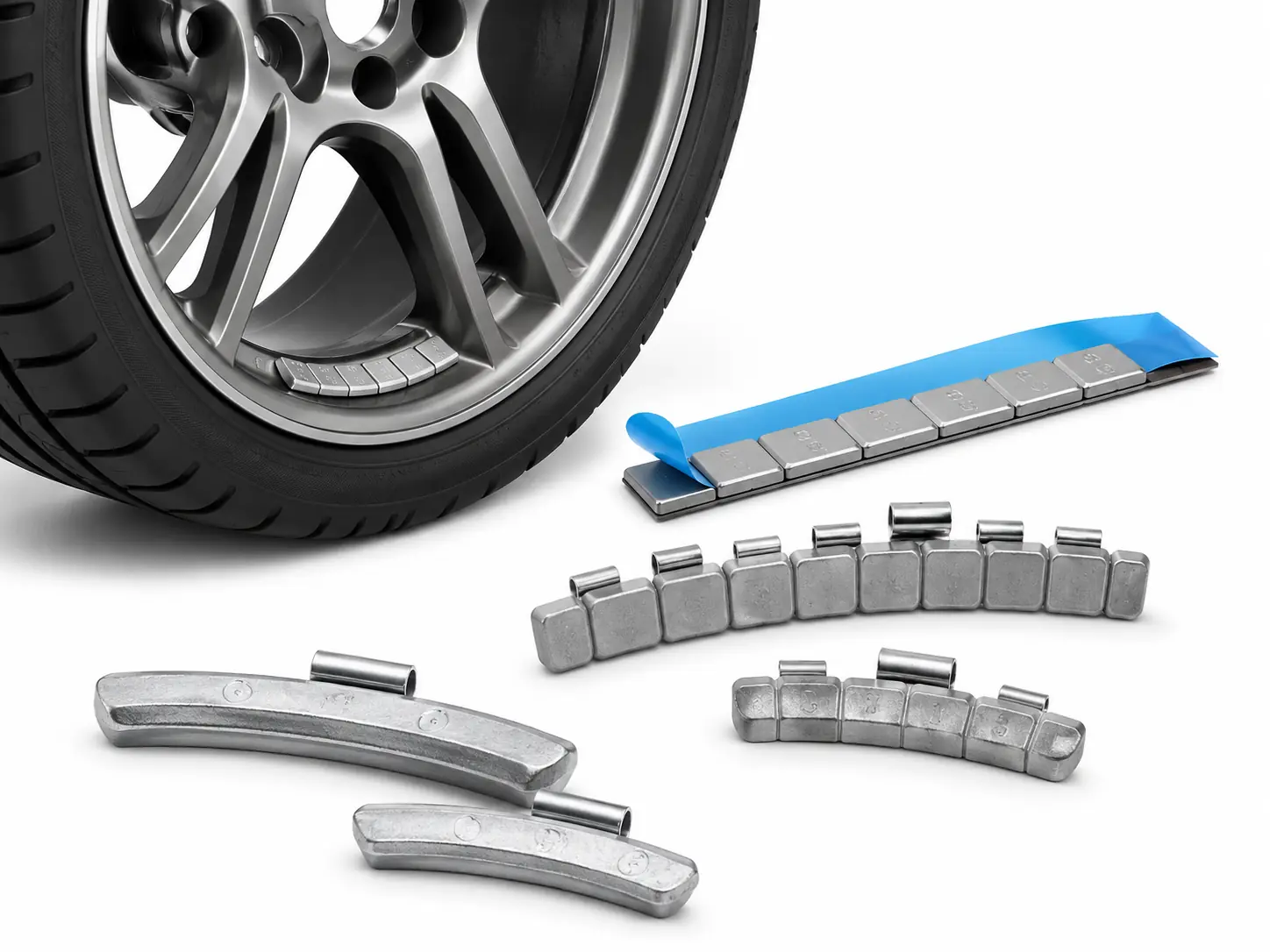 Wheel Balancing Weights Adhesive and clip-on wheel balancing weights displayed with an alloy wheel for tire balancing and auto repair use