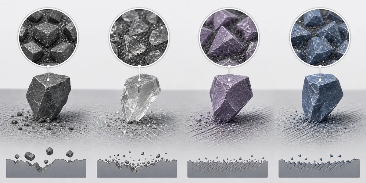Educational diagram showing different abrasive grain shapes cutting a primer surface