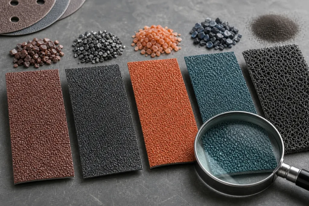 Macro view of abrasive grain textures on automotive sandpaper samples with a magnifying glass