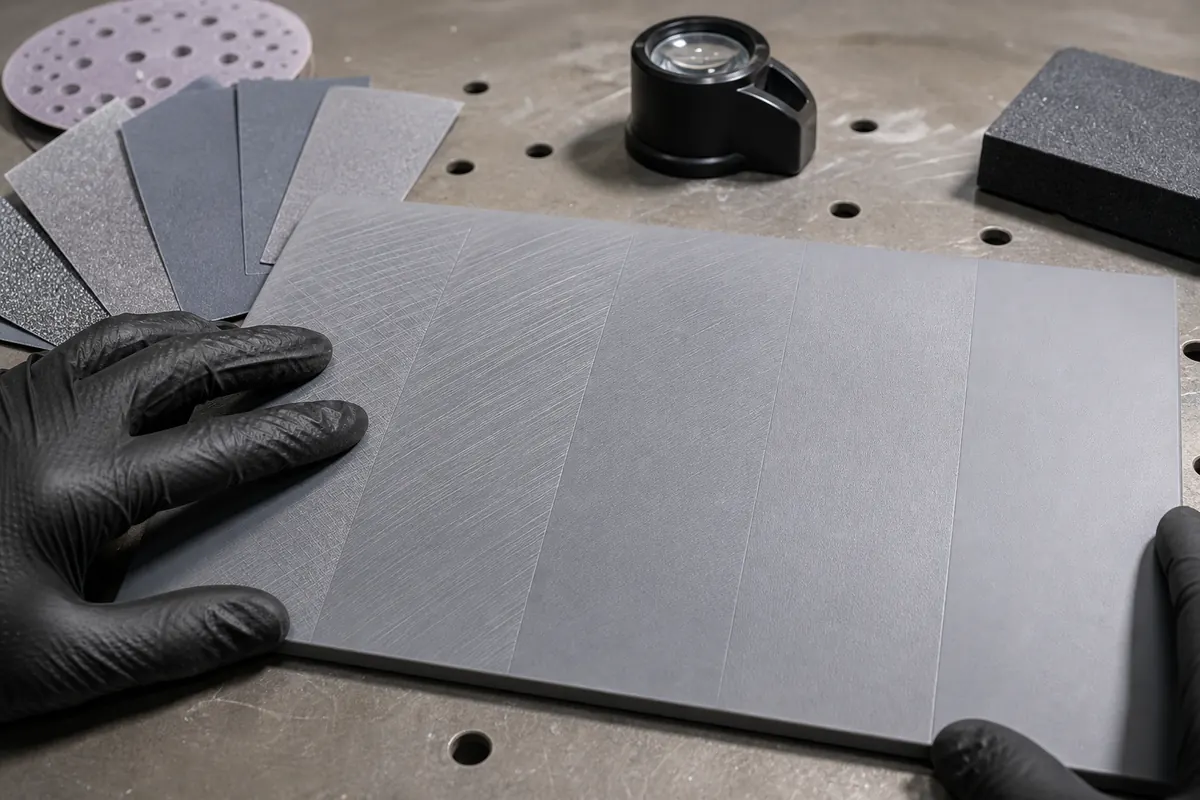 Technician inspecting automotive primer scratch patterns from different abrasive grain samples