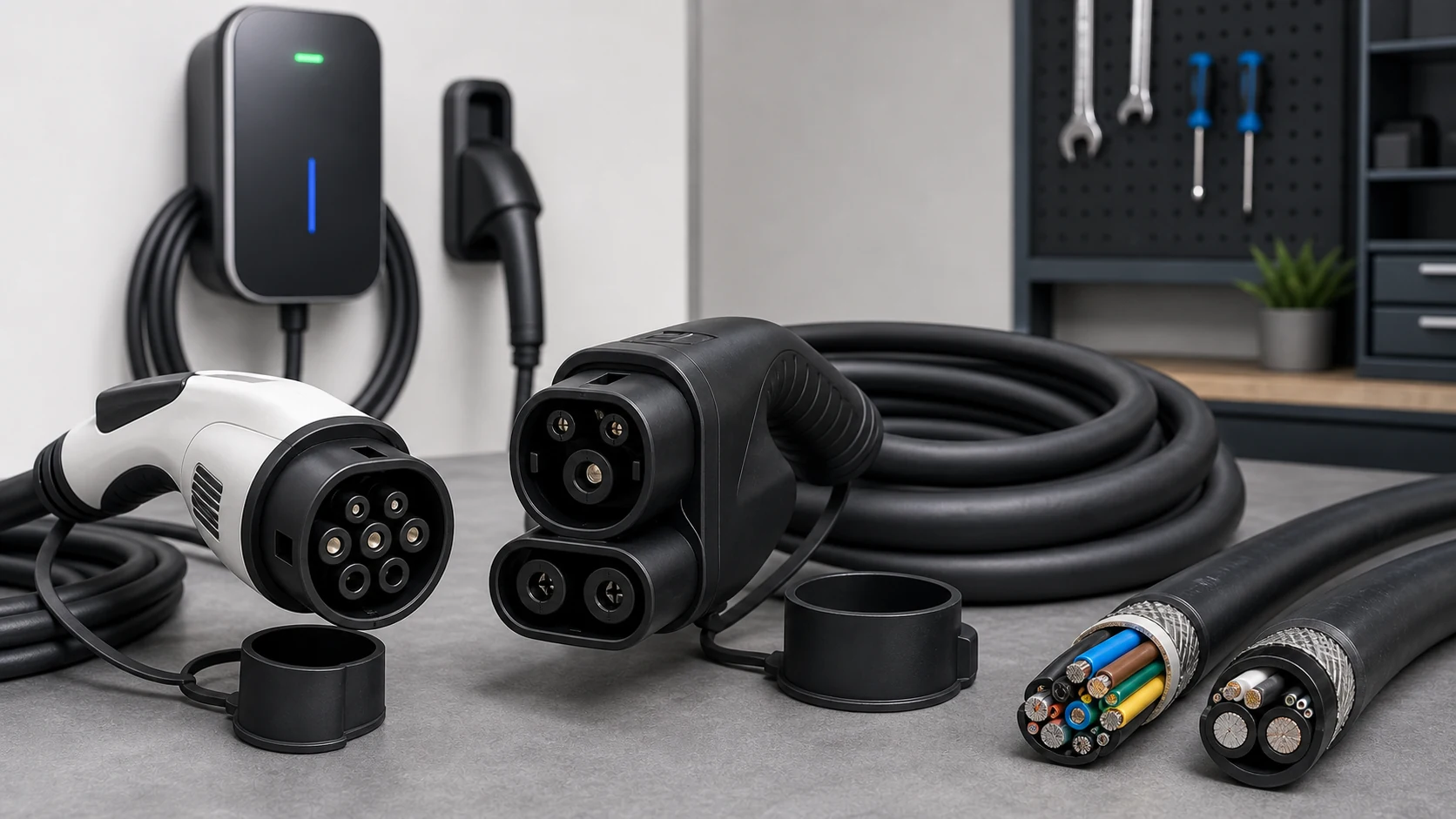 AC and DC EV charging connectors and cables arranged on a workshop table for comparison