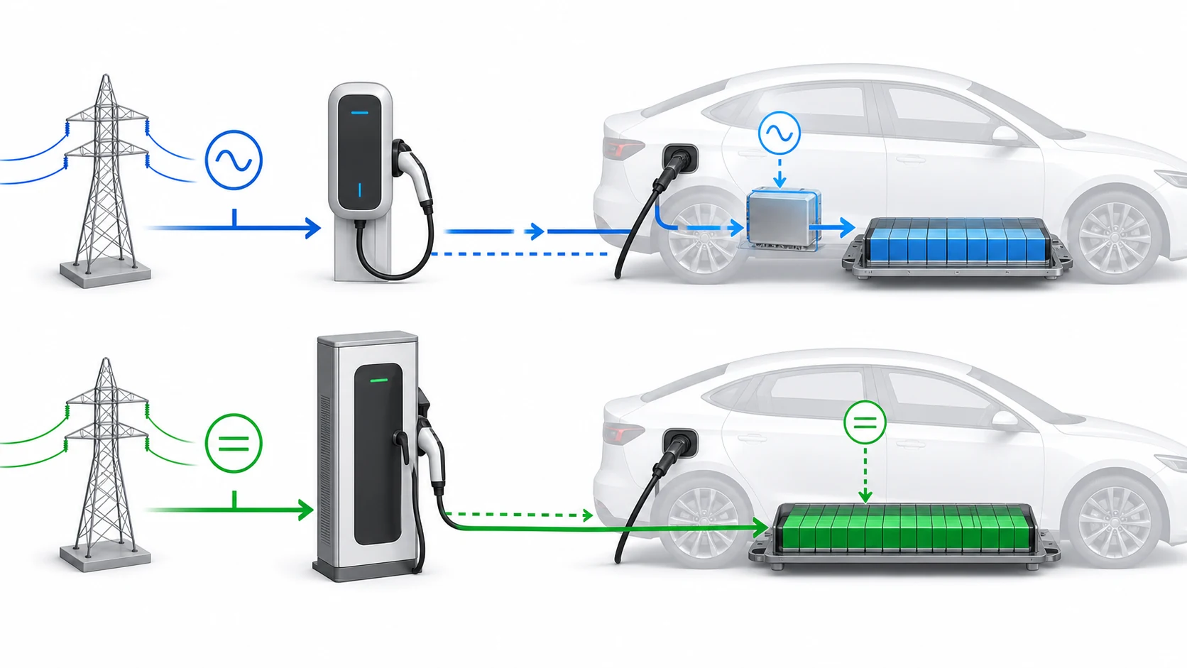 Diagram comparing AC charging power flow through the onboard charger with DC charging power flow directly to the EV battery