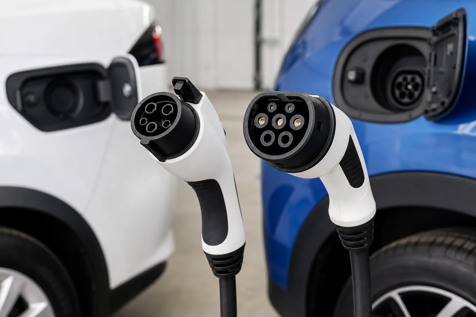 Type 1 and Type 2 AC EV charging cables shown with vehicle inlets