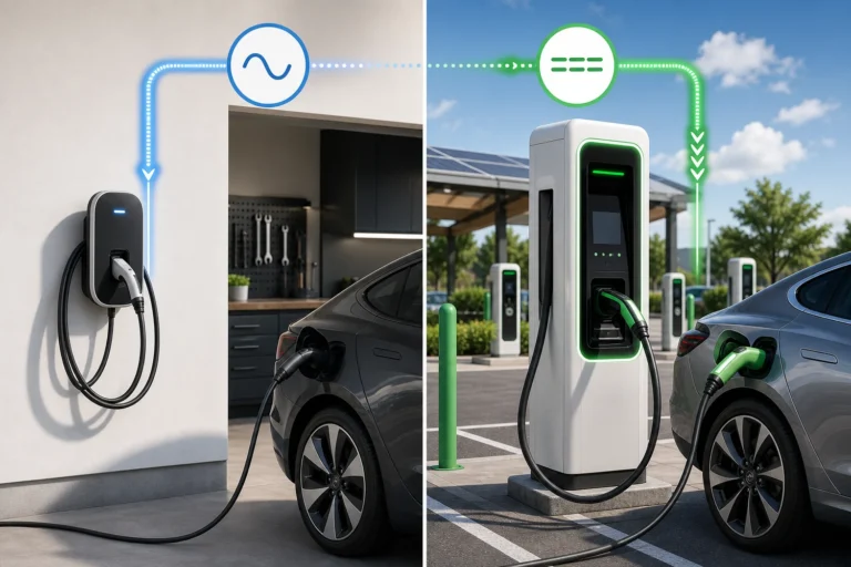 AC wall charger and DC fast charger compared side by side with electric vehicles charging