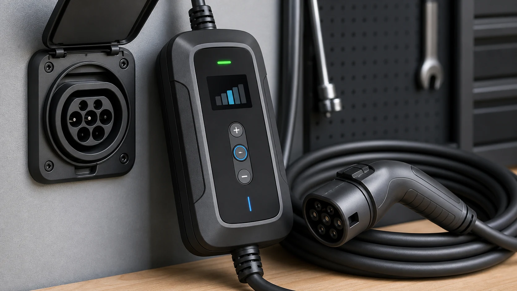Smart portable EV charger with adjustable current settings for load-aware charging
