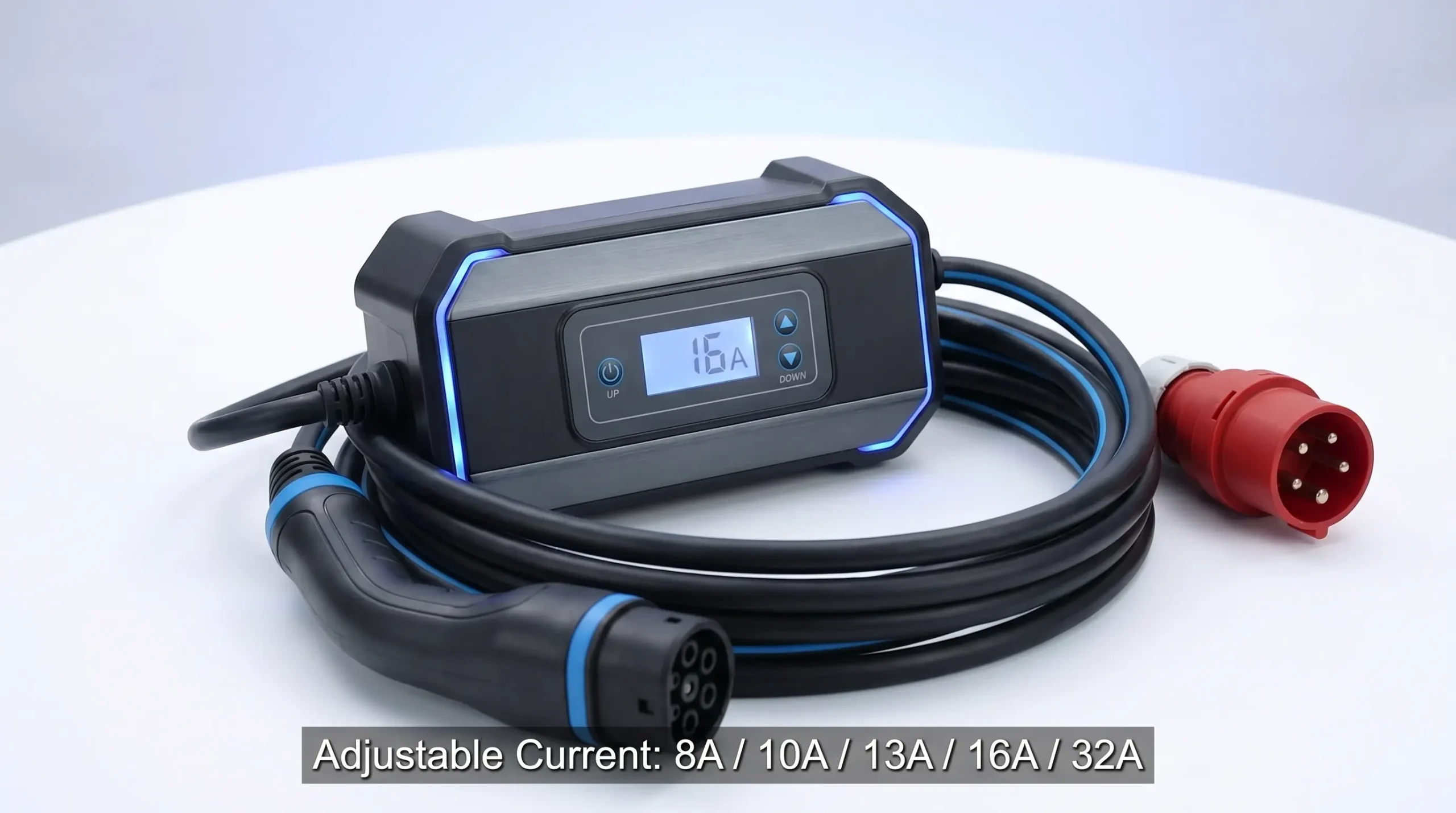 Adjustable-Current Portable EV Chargers: B2B Buying and Test Guide 1 Adjustable-current portable EV charger product hero showing the control box, charging cable, plug, and vehicle connector