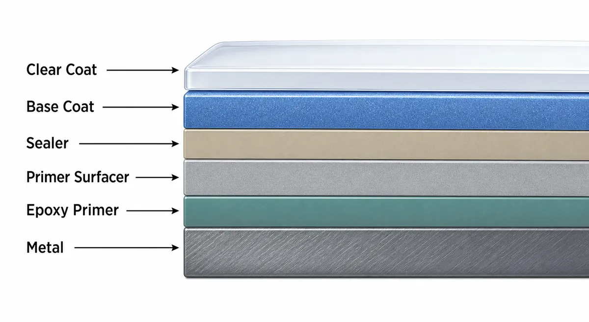 Automotive primer layer diagram showing metal, epoxy primer, primer surfacer, sealer, base coat, and clear coat