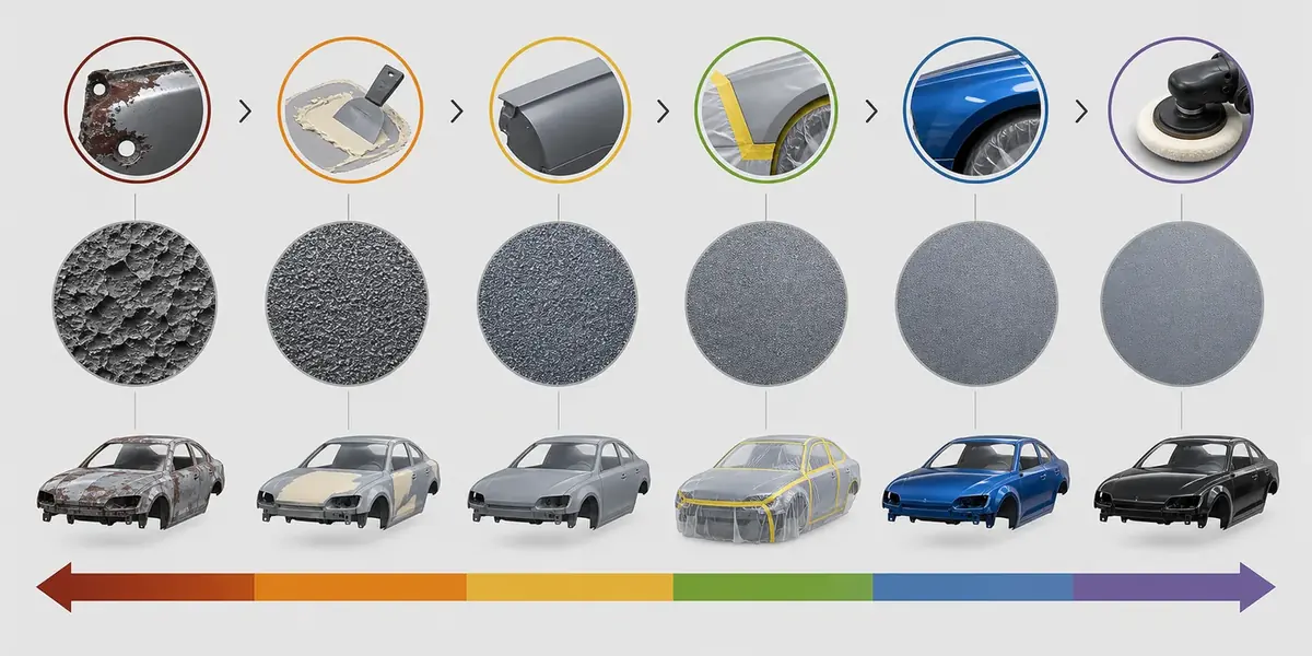 Visual automotive sandpaper grit range chart showing coarse to ultra-fine sanding stages without text labels