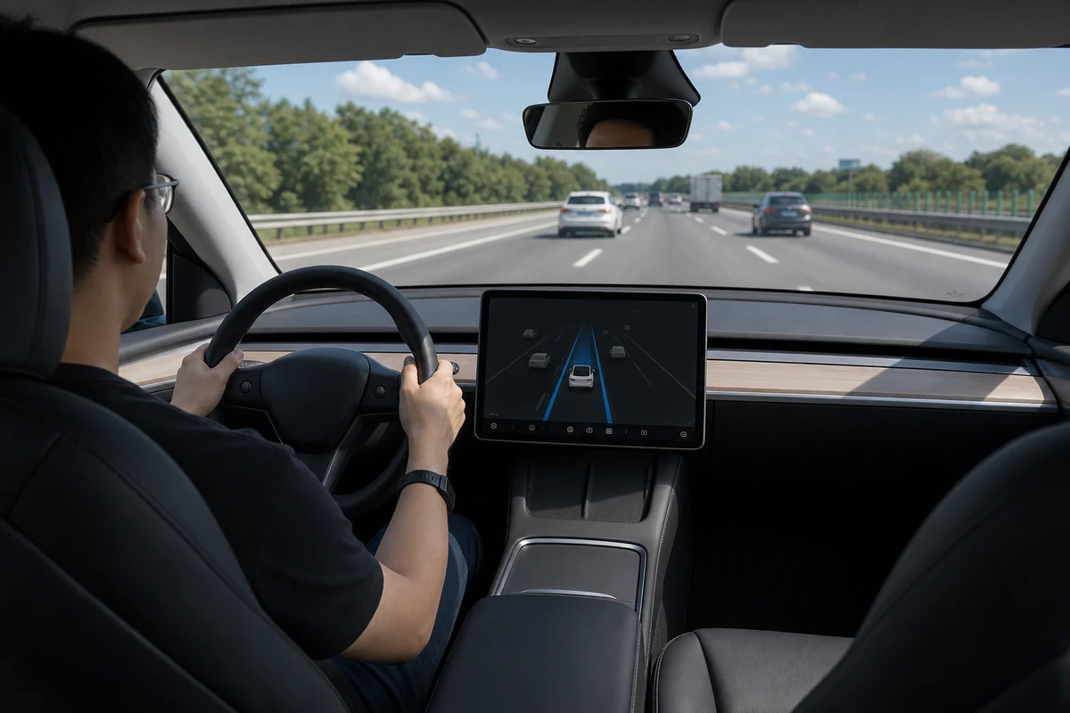 Attentive driver using assisted highway driving in an electric crossover cabin with road and display visible