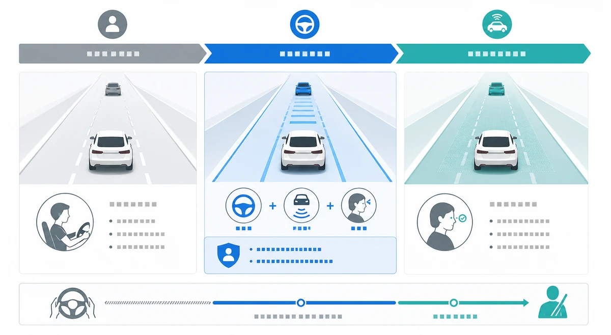 Diagram explaining Level 2 driver assistance with lane centering adaptive cruise and driver supervision