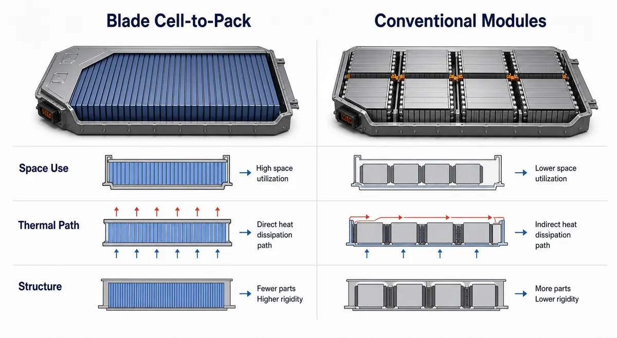 Diagram comparing blade cell-to-pack EV battery layout with a conventional module-based battery pack