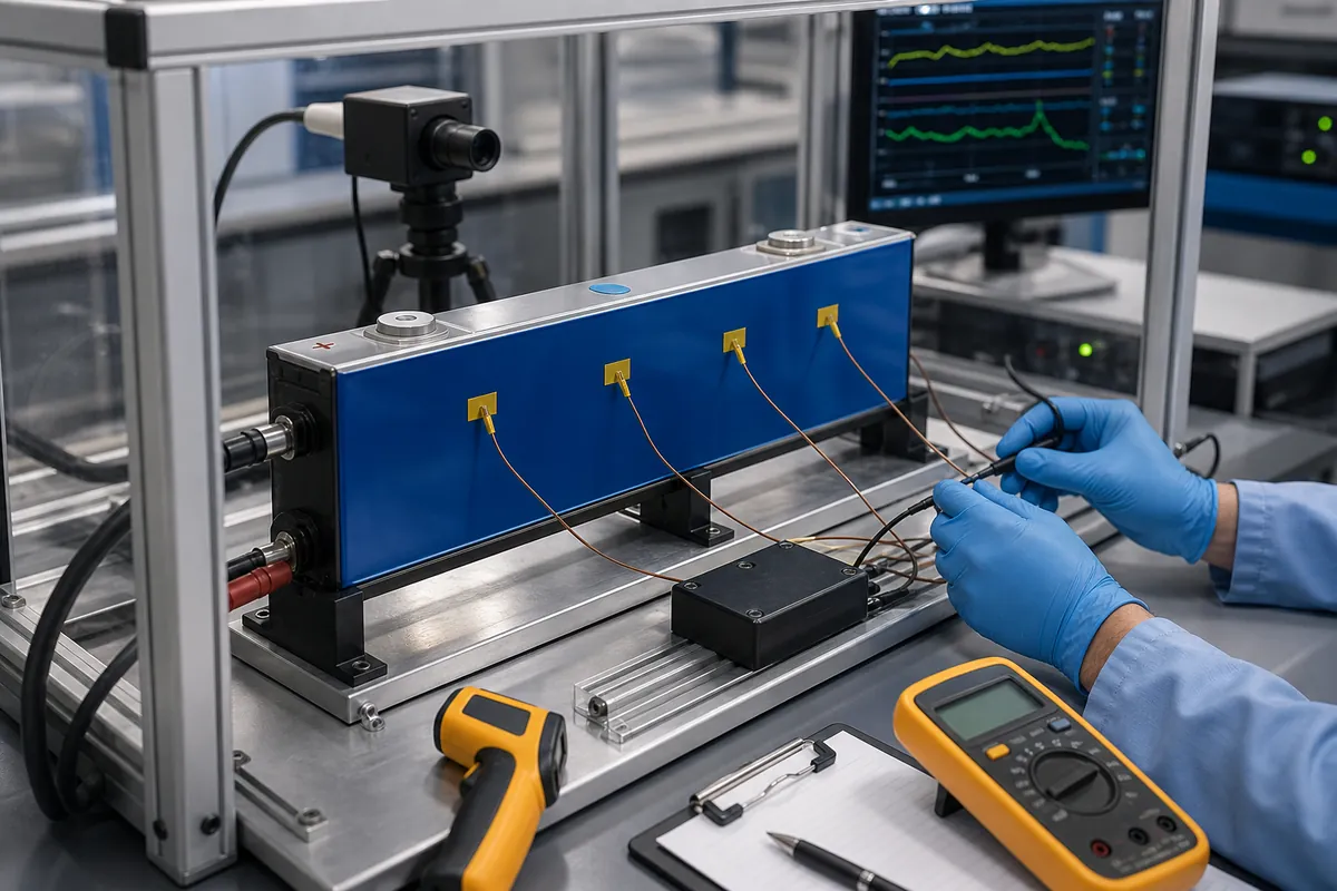 EV battery safety testing lab with a long blade-style LFP cell, thermal sensors, and test instruments