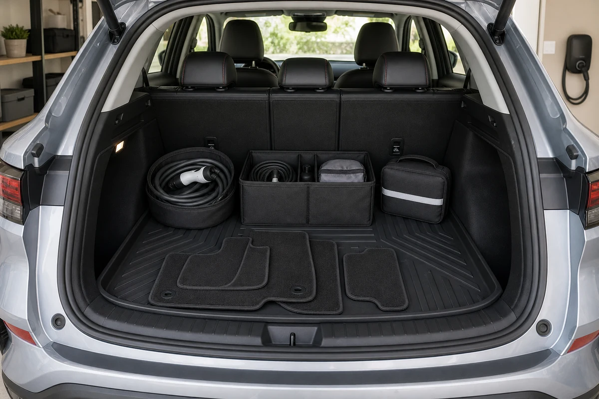 BYD Atto 3 style SUV cargo area with fitted liner floor mats charging cable bag and organizer accessories