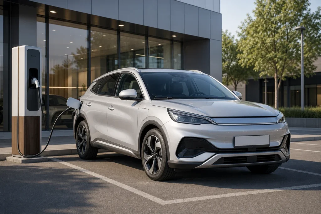 BYD Atto 3 style compact electric SUV charging at a modern public EV charging area