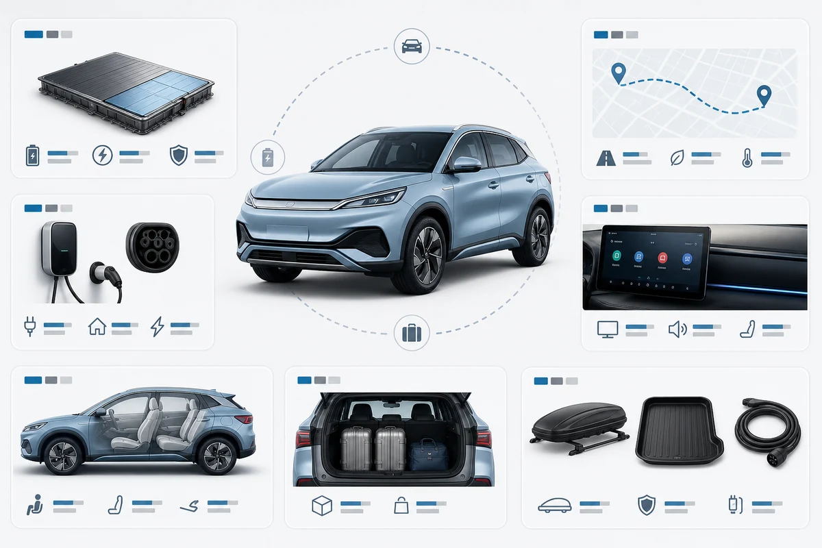 Visual diagram of BYD Atto 3 electric SUV specs showing battery range charging cabin and accessory fitment icons