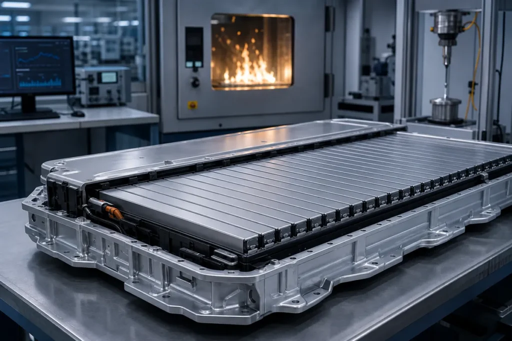 Technical rendering of long blade-style LFP battery cells arranged in an EV battery pack