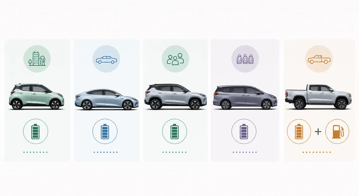 Visual comparison of BYD car model body types including hatchback sedan SUV MPV and pickup silhouettes