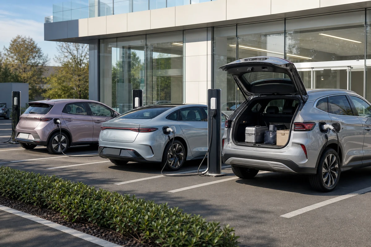 BYD style new energy vehicles charging at a modern public EV charging area outside a showroom