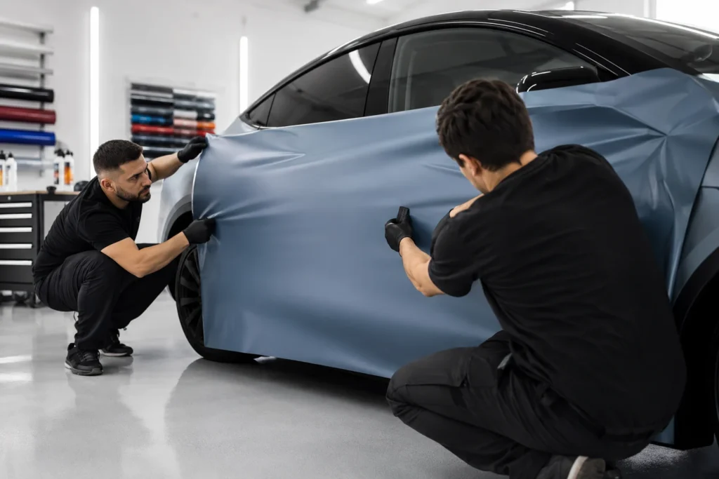 Professional car wrap installation on a Tesla and BYD style electric vehicle panel in a clean wrap studio