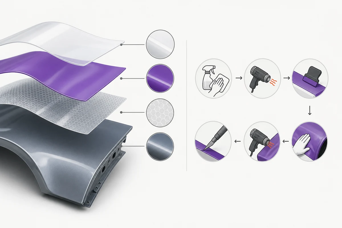 Diagram showing car wrap layers adhesive vinyl film optional laminate and installation steps on an EV body panel