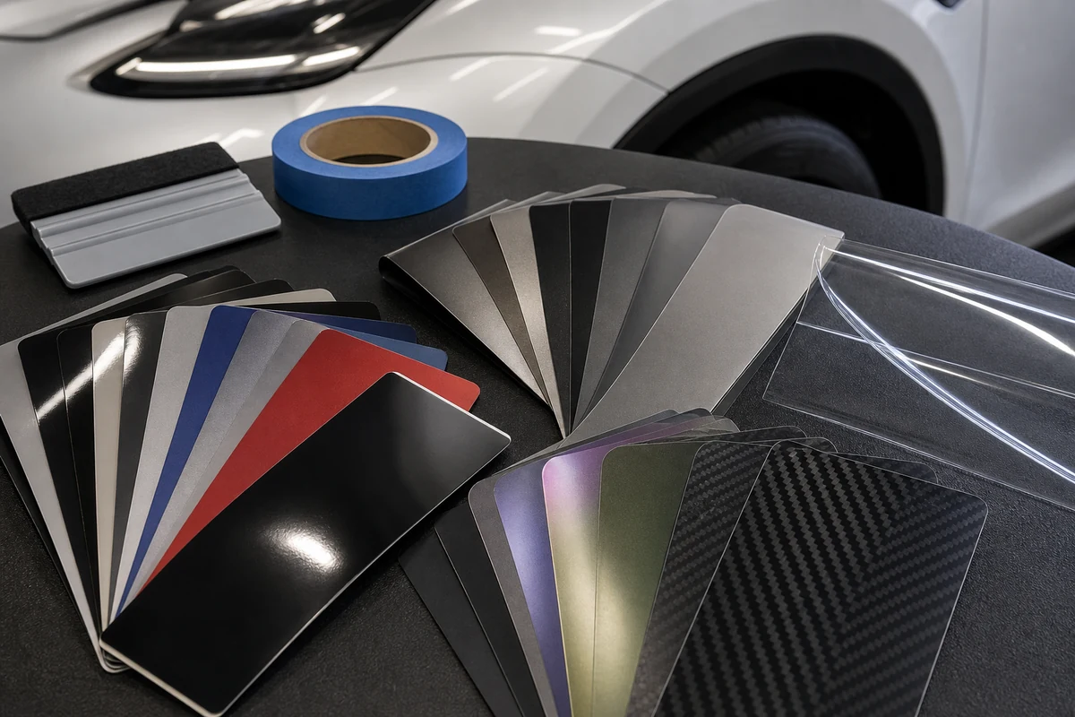 Car wrap vinyl material samples including gloss satin matte color shift carbon look and clear protective film