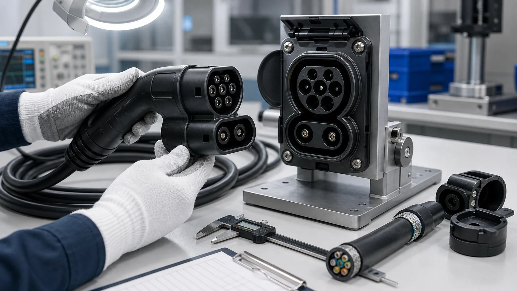 CCS charging connector and vehicle inlet compatibility testing on a quality control bench