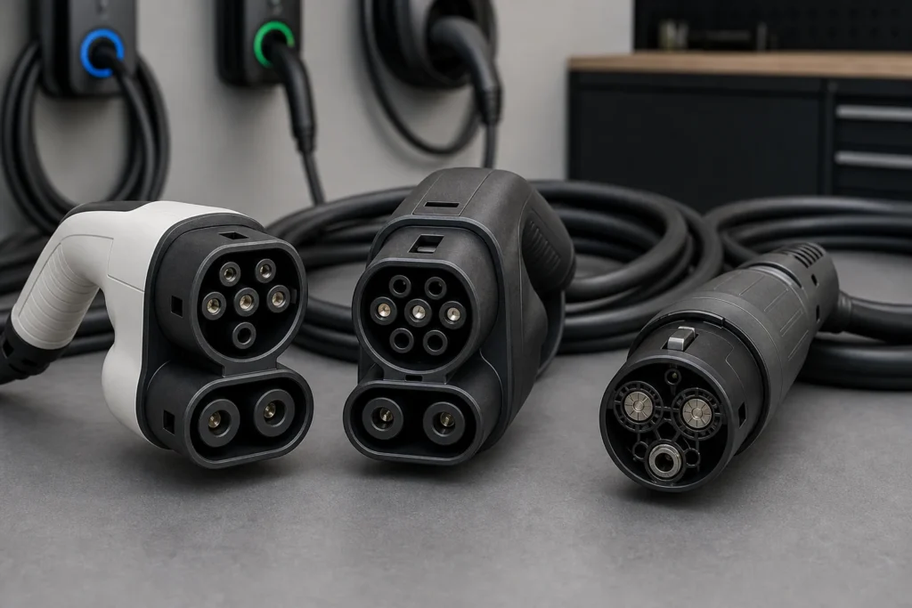CCS Type 1, CCS Type 2, and CHAdeMO EV charging connectors arranged side by side