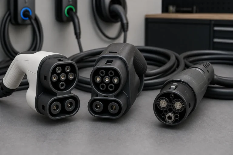 CCS Type 1, CCS Type 2, and CHAdeMO EV charging connectors arranged side by side