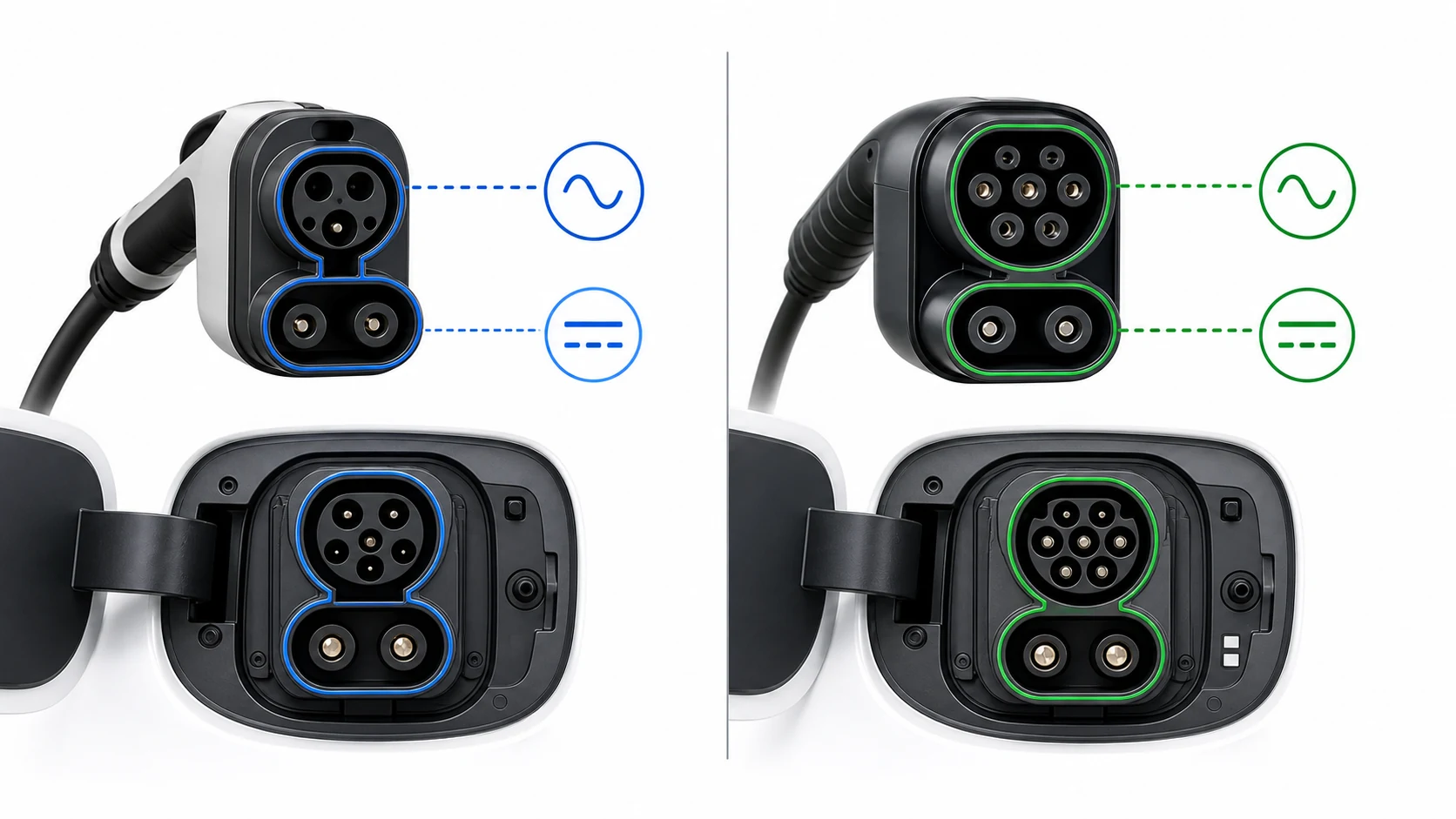 CCS Type 1 and CCS Type 2 EV charging connectors shown as a technical comparison