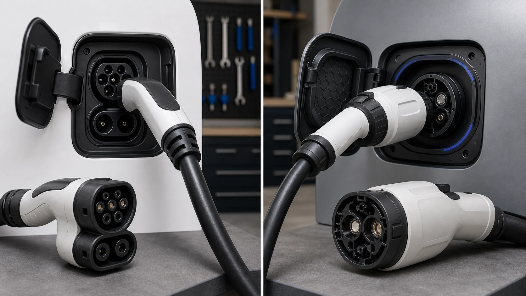 CCS connector and CHAdeMO connector compared with EV charging inlet mockups