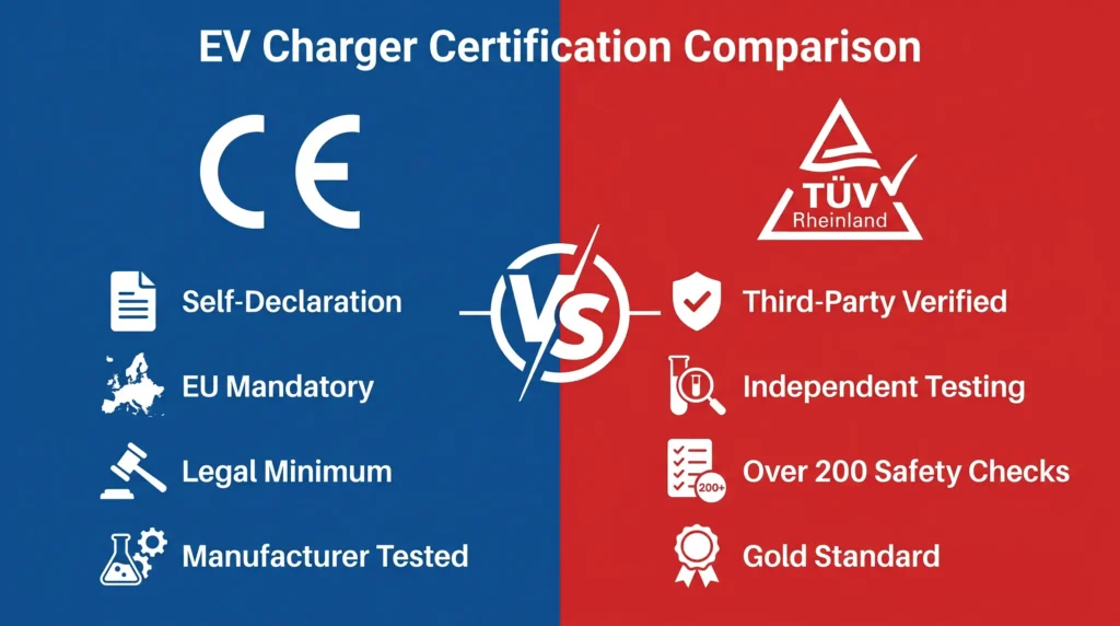CE marking (left) represents the mandatory EU legal minimum, while TÜV certification (right) represents independent, third-party verified safety—the gold standard for portable EV chargers.