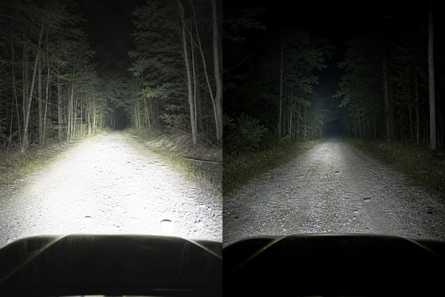 Off-road trail scene comparing a wide scattered LED light beam with a more controlled usable beam at night