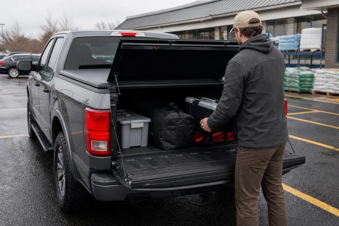 Pickup owner loading tools and luggage into a covered truck bed with the tonneau cover partly open