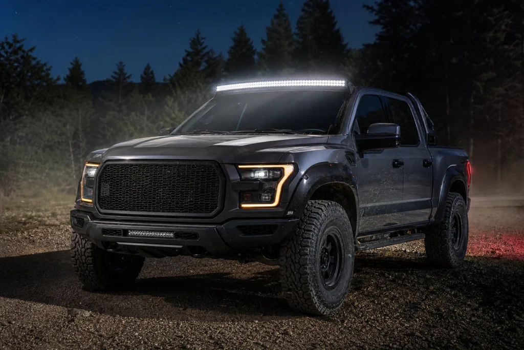 Curved LED light bar mounted across the front roof line of an off-road pickup truck at night