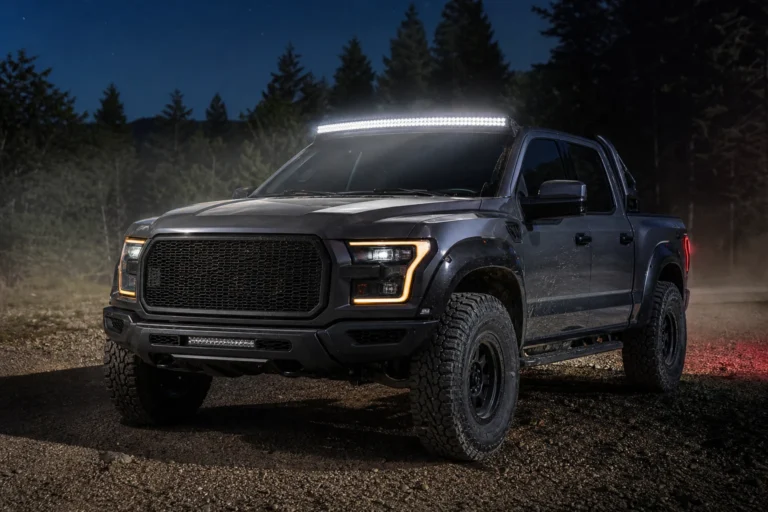 Curved LED light bar mounted across the front roof line of an off-road pickup truck at night