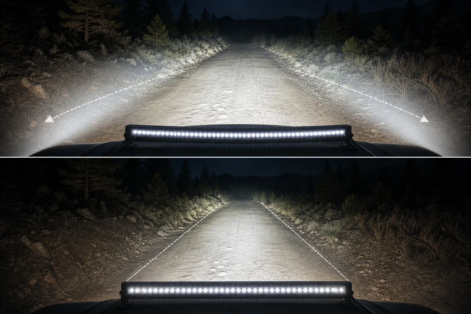 Beam pattern diagram comparing curved LED light bar and straight LED light bar side spread