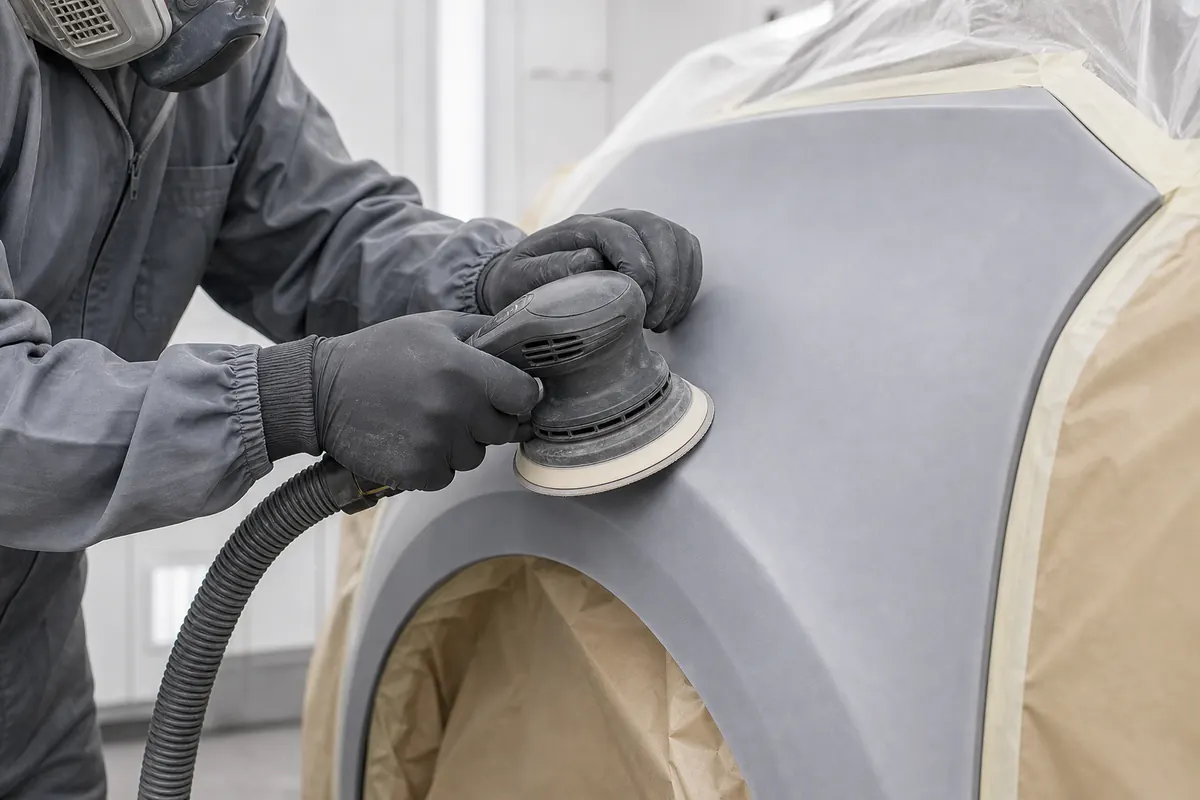 Technician using a DA sander level on a curved primered car fender with dust extraction
