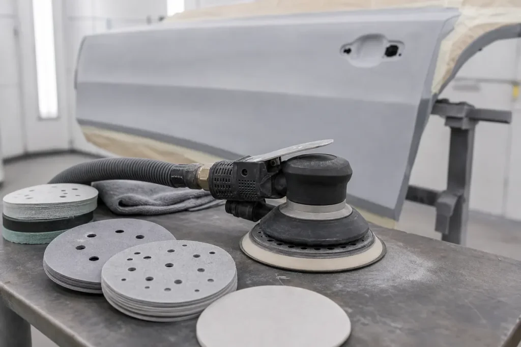 Dual-action DA sander with sanding discs and vacuum hose beside a primered automotive panel