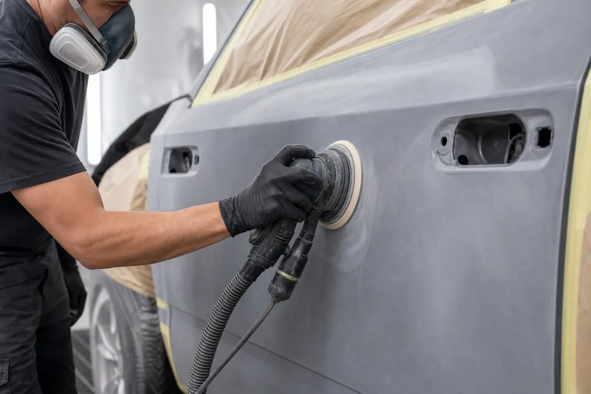 Technician using a DA sander with a sanding disc on a gray primer car panel with dust extraction