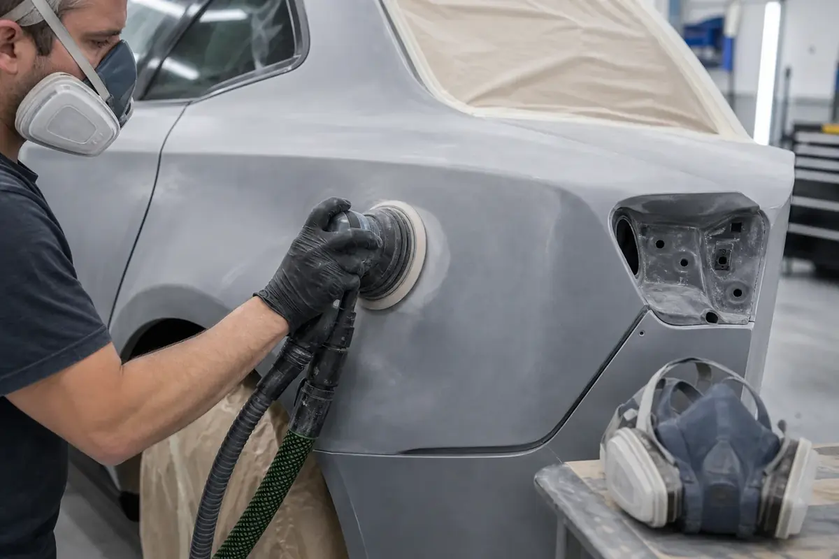 Technician dry sanding gray automotive primer with a random orbital sander connected to dust extraction