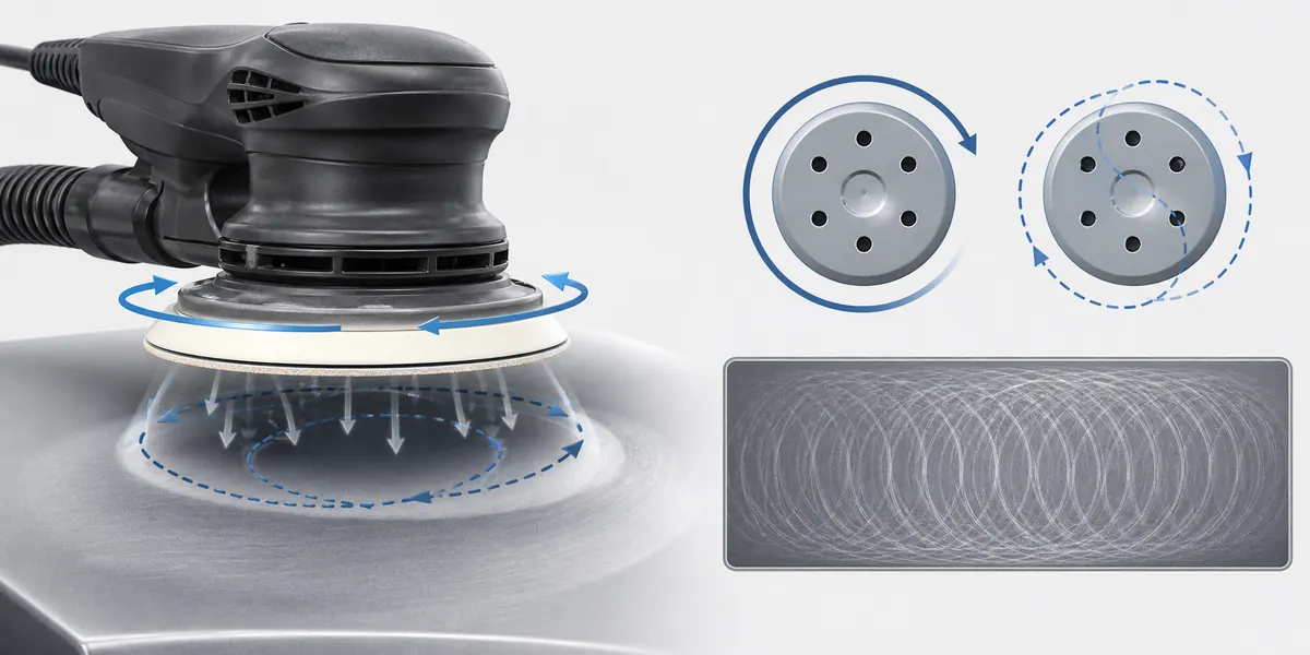 Diagram showing a dual-action sander pad rotating and orbiting over a car panel