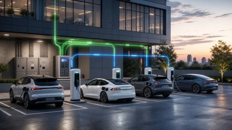 Multiple EVs charging outside a modern building while dynamic load balancing distributes available power from the electrical supply