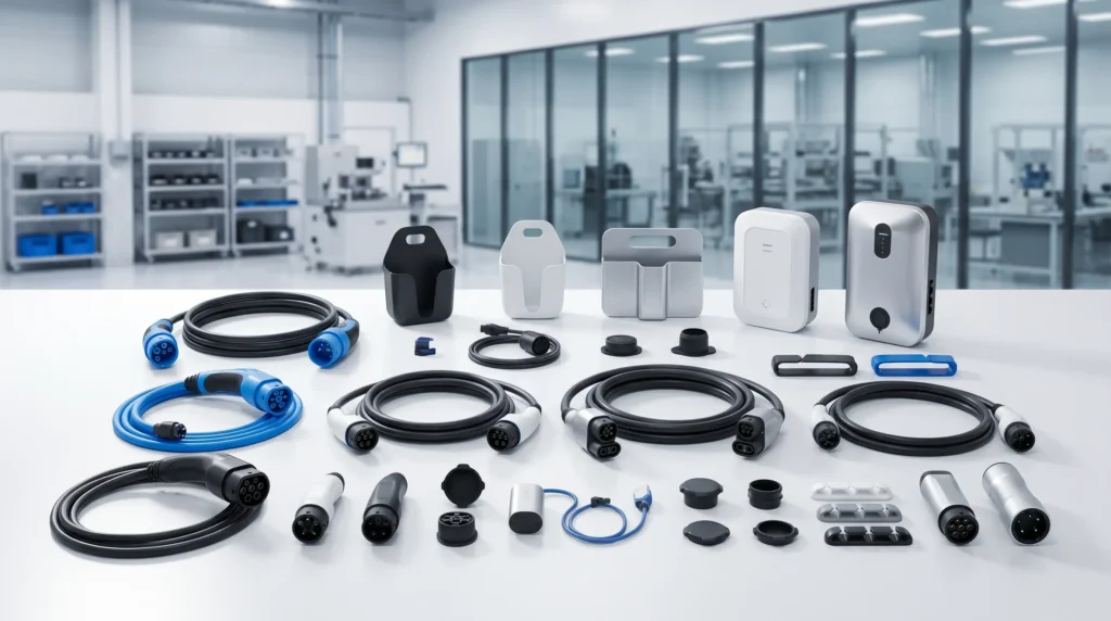 A complete range of EV charging accessories, including Type 2 cables, CCS adapters, portable EVSE units, and cable management accessories