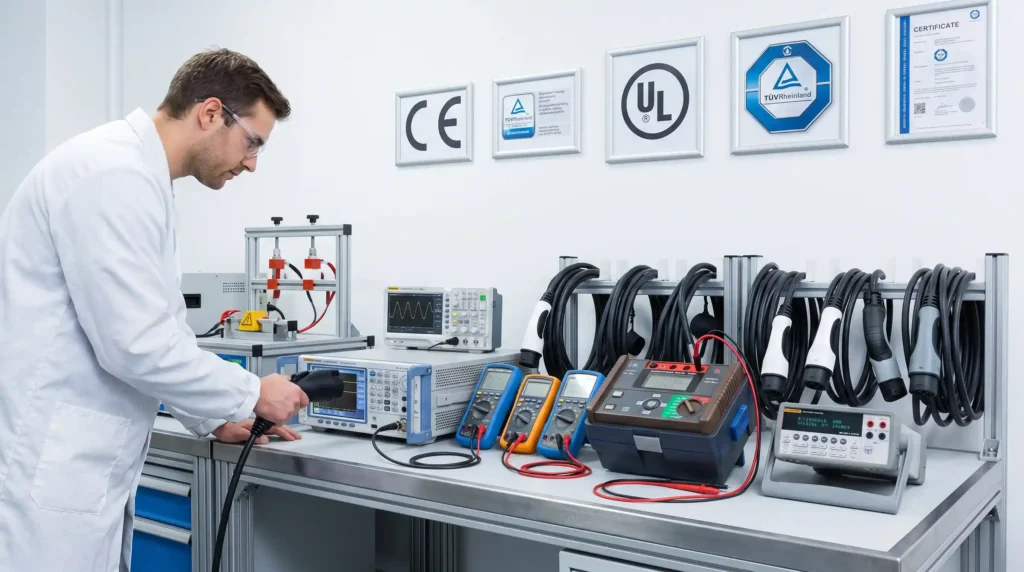 A professional quality control laboratory where EV charging accessories undergo rigorous electrical safety testing to meet CE, UL, and TUV certification requirements