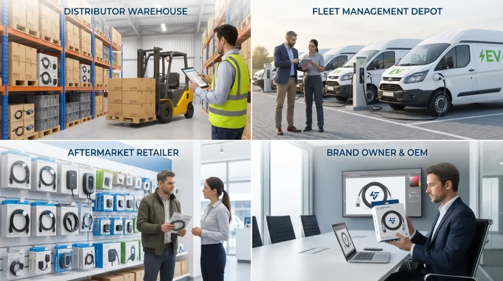 The four primary B2B customer segments for EV charging accessories: distributors, fleet operators, aftermarket retailers, and private label brand owners.