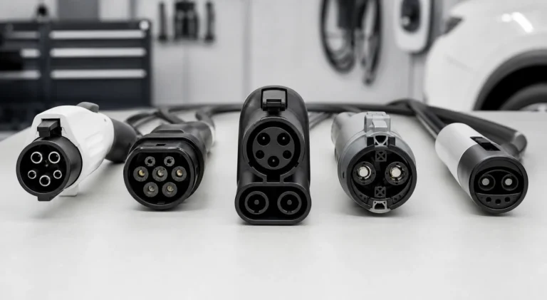 EV charging cable connector types including Type 1, Type 2, CCS, CHAdeMO, and NACS